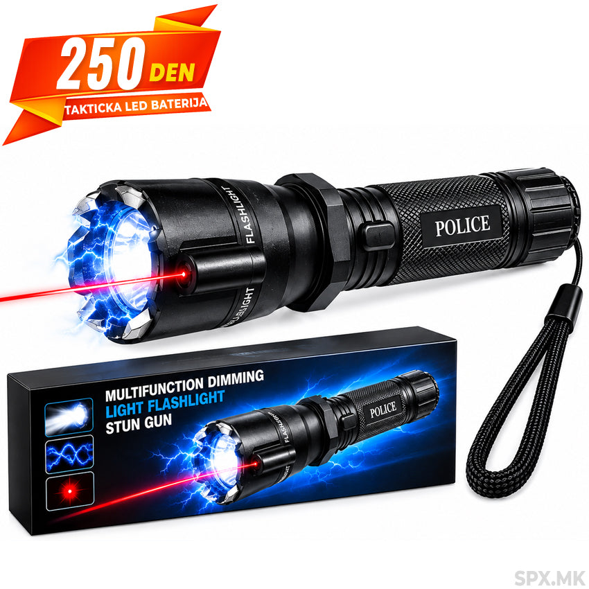 Takticka LED baterija so elektro-šoker i crven laser