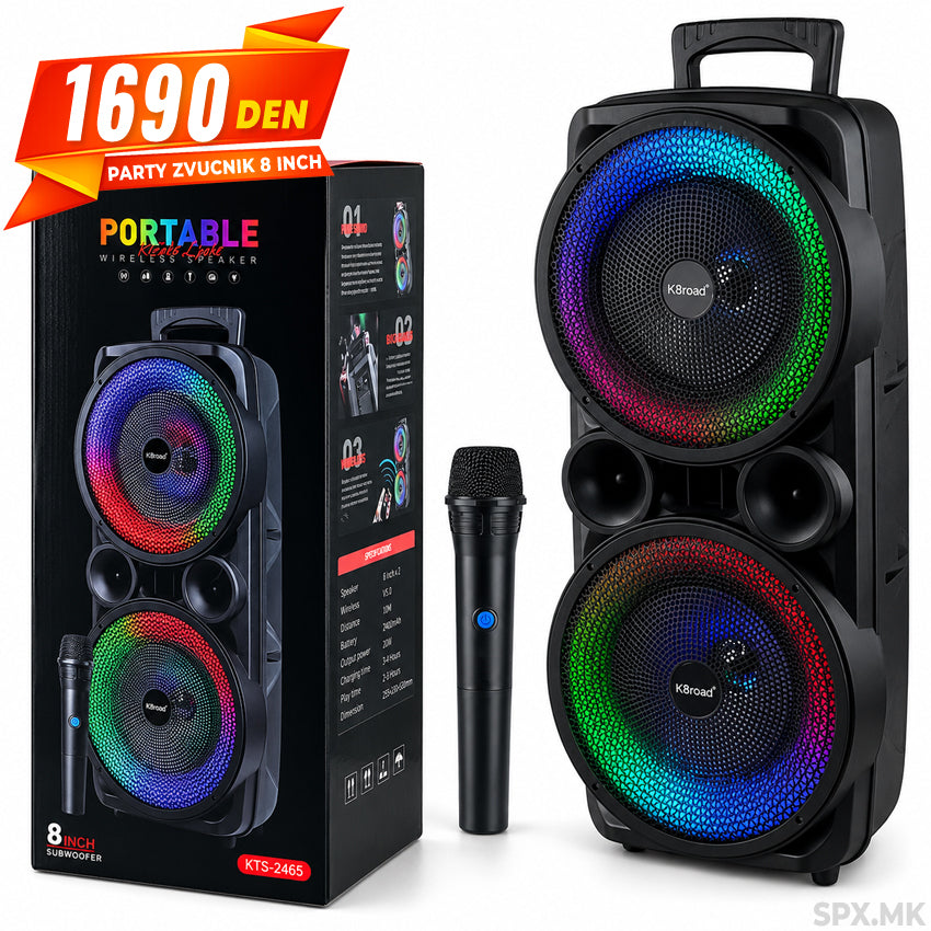 Prenosliv Bluetooth Party Zvucnik so RGB Osvetluvanje i Bezicen Mikrofon
