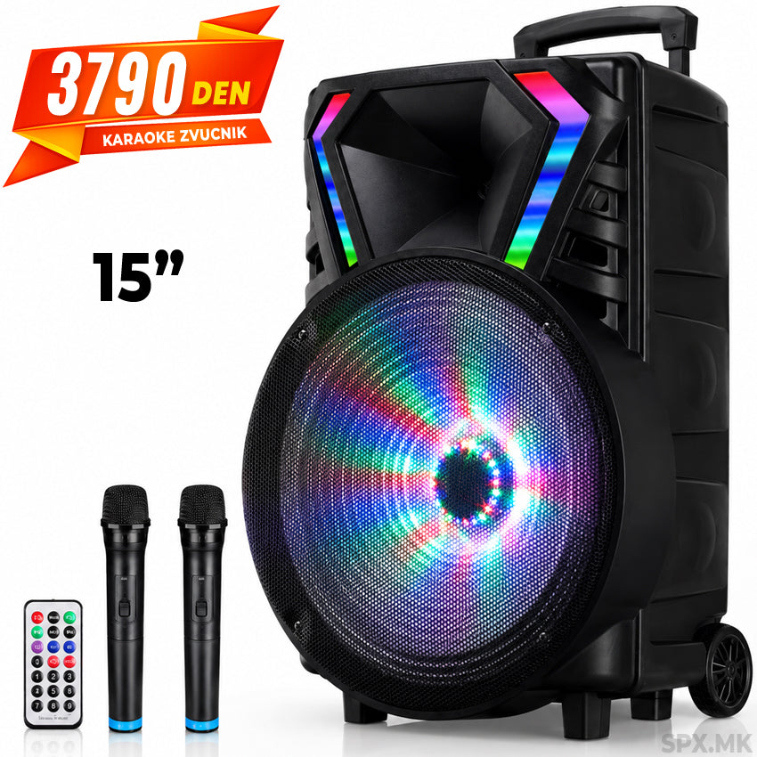 Bluetooth Zvucnik (15") so LED Osvetluvanje i 2 Mikrofoni