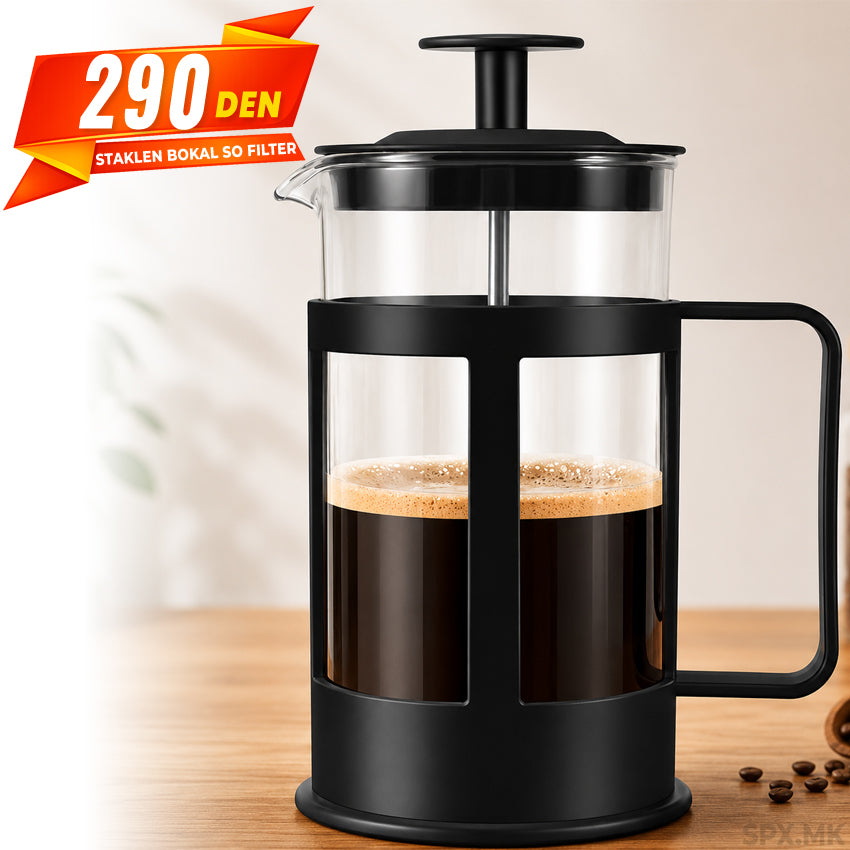 Staklen Bokal so Pres-Filter za Kafe i Caj (French Press)