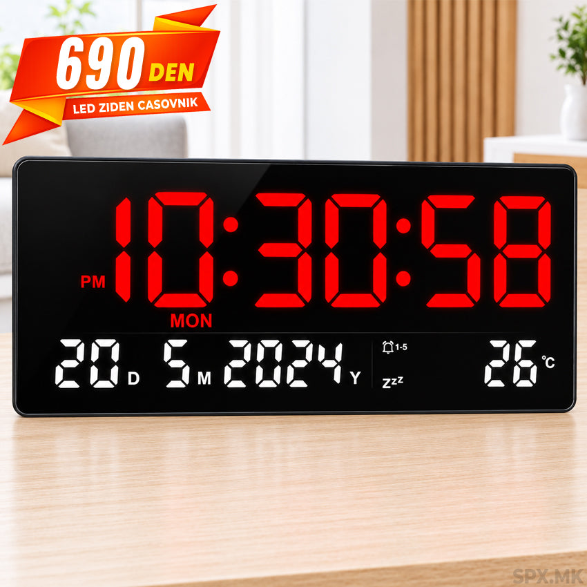 Golem LED Ziden Casovnik so Crven Ekran i Kalendar