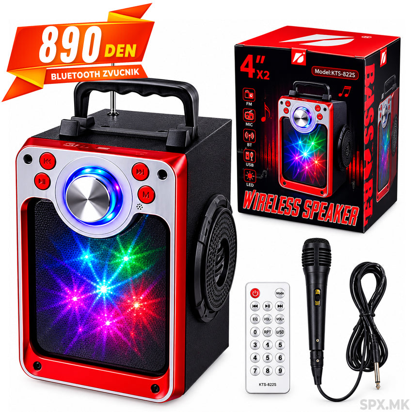 Prenosen Bluetooth Zvucnik KTS-822S so Mikrofon i Daljinsko Upravuvac