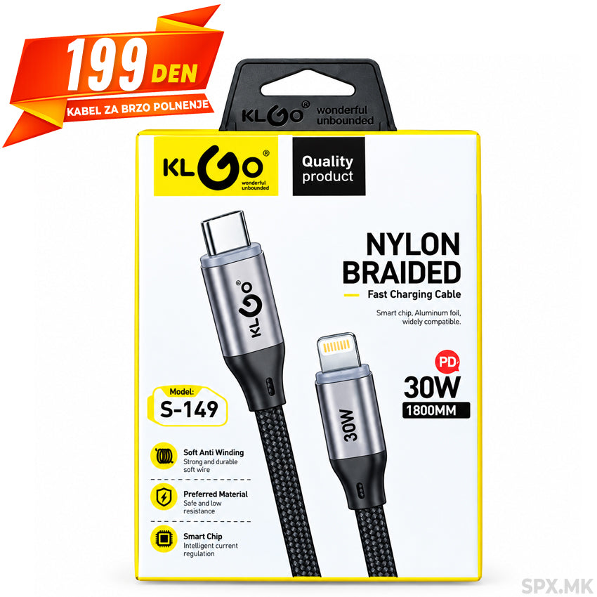 Kabel za Brzo Polnenje Type-C kon Lightning KLGO 30W (S-149 / 1.8m)