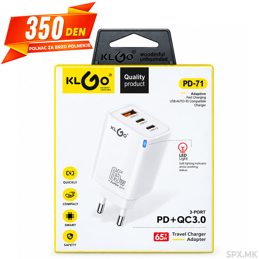Brzi Polnac KLGO 65W PD + QC3.0 (PD-71)