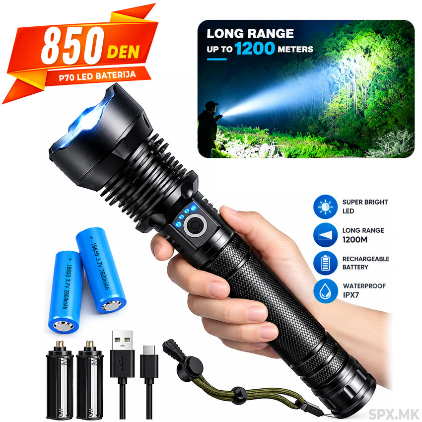 Profesionalna P70 LED baterija so golem domet (do 1200m)