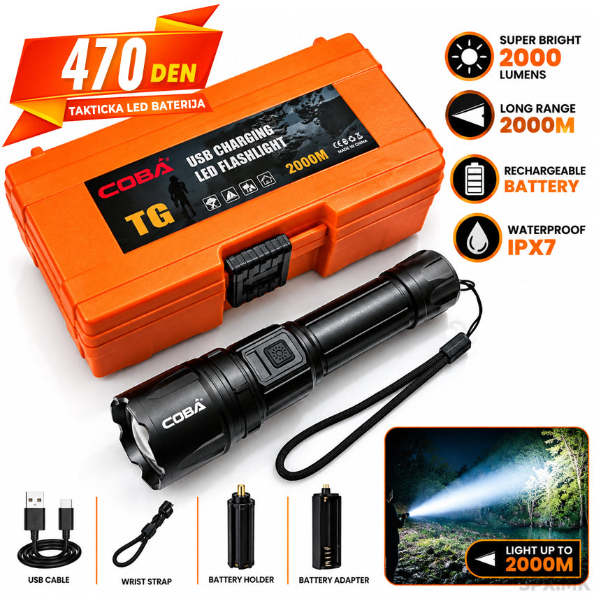 Takticka LED baterija COBA TG (2000 Lumens / 2000m) vo kufer