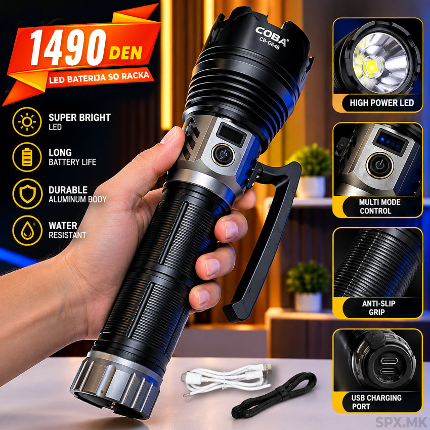 Mokjna takticka LED baterija COBA CB-G648 so racka
