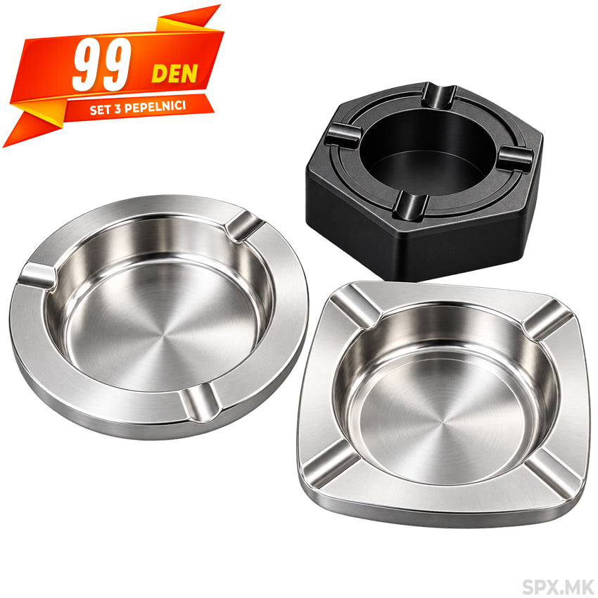 Set od 3 moderni metalni pepelnici so razlicni formi
